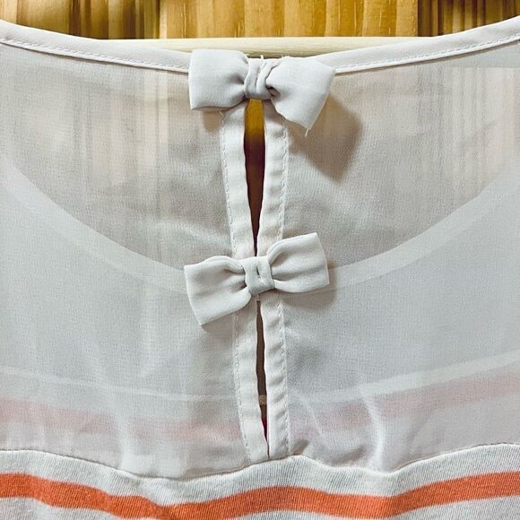 LC Lauren Conrad orange white 3/4 sleeve bow back striped sheer top shirt S - Picture 3 of 7